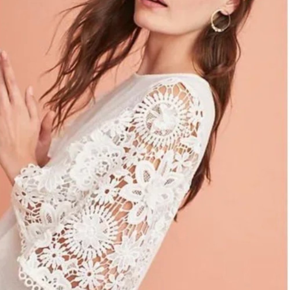 Anthropologie Eri + Ali Samara White Crochet Lace Bell Sleeve Top